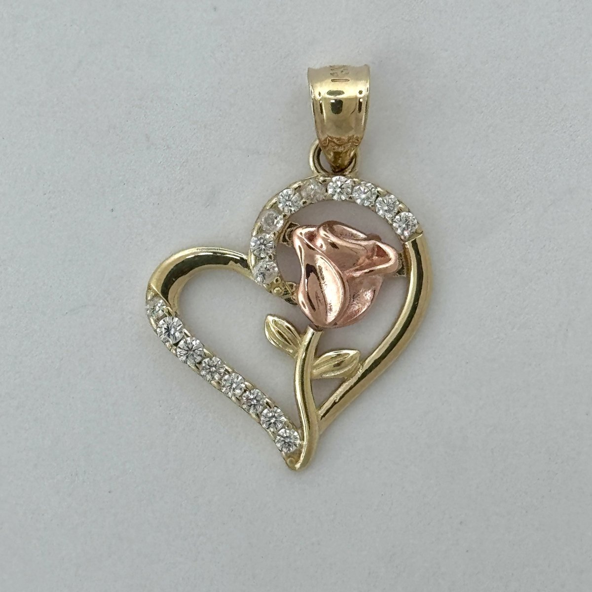 14KT Gold Rose in Heart Pendant with CZ Stones - 2mm Bail, 2.5 Grams, 1.19 Inches.