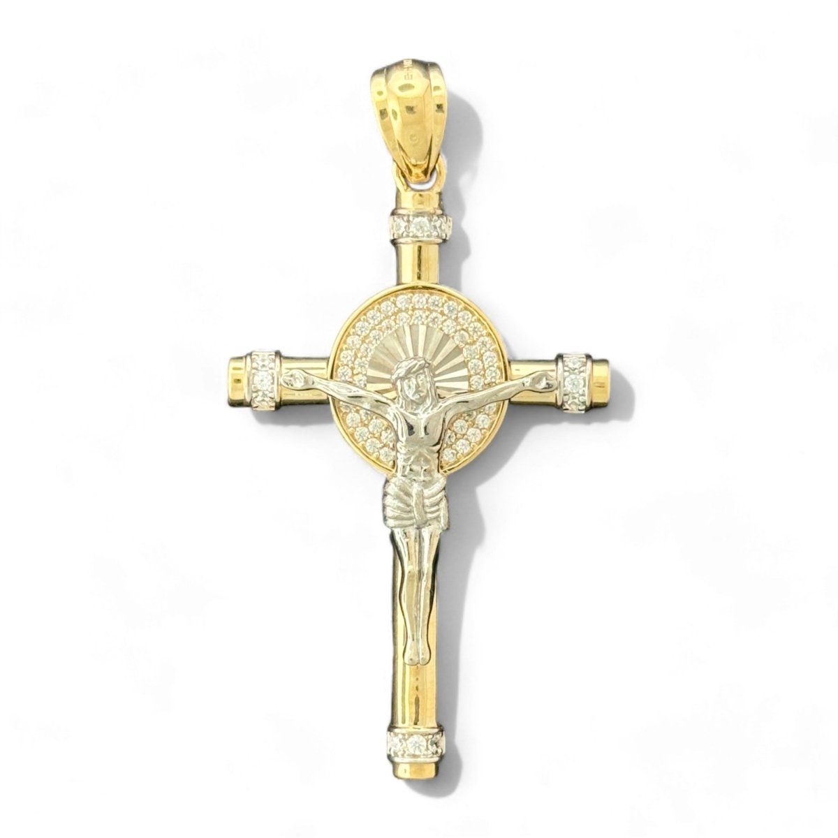 14KT Gold Round Crucifix Cross Pendant with CZ Stones - 7g