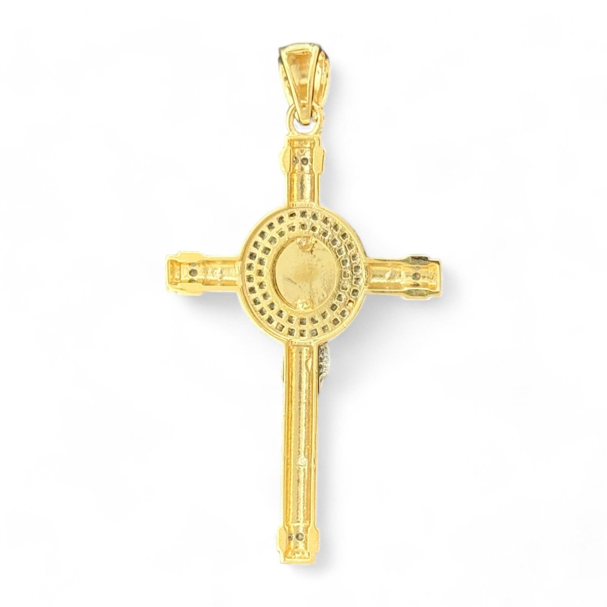 14KT Gold Round Crucifix Cross Pendant with CZ Stones - 7g