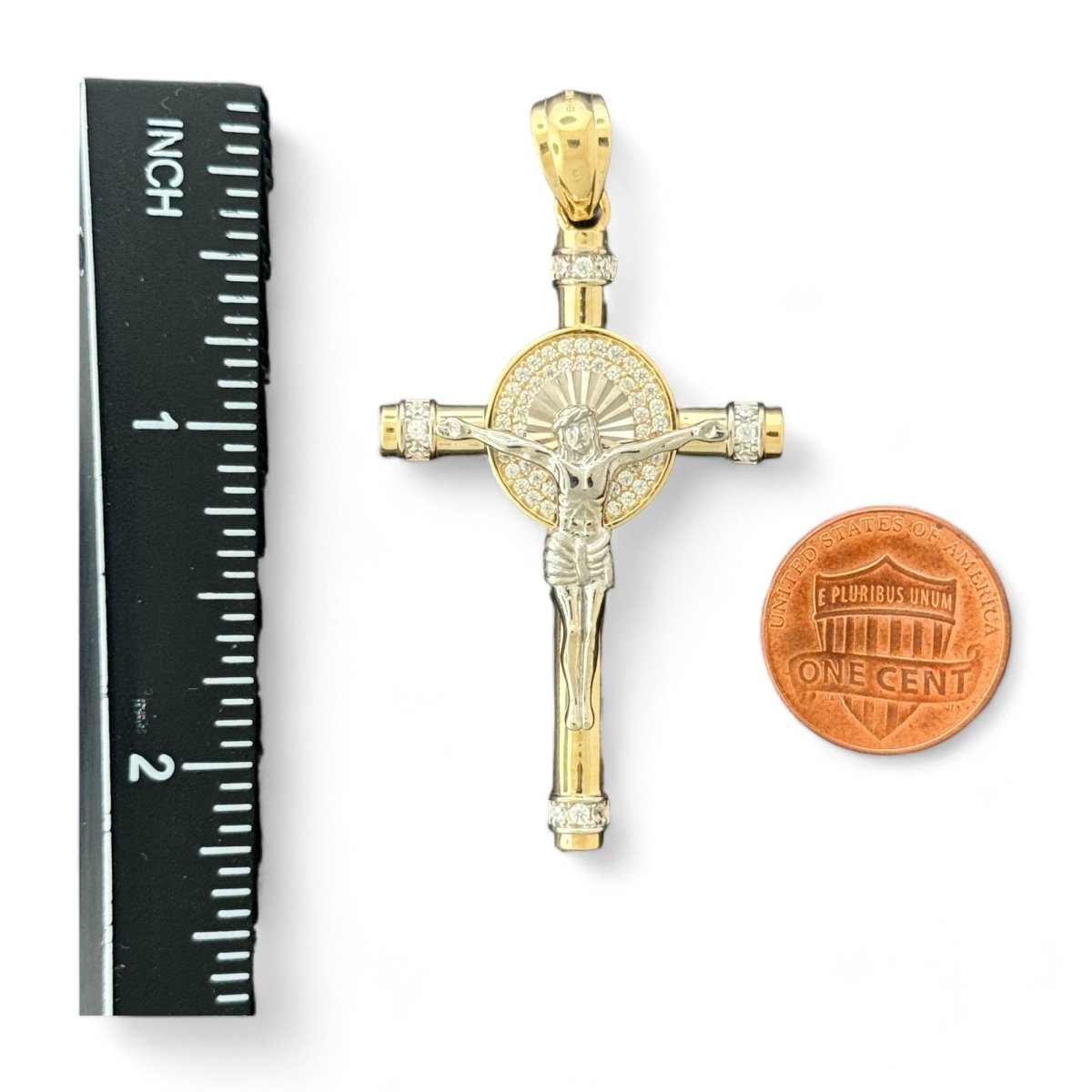 14KT Gold Round Crucifix Cross Pendant with CZ Stones - 7g