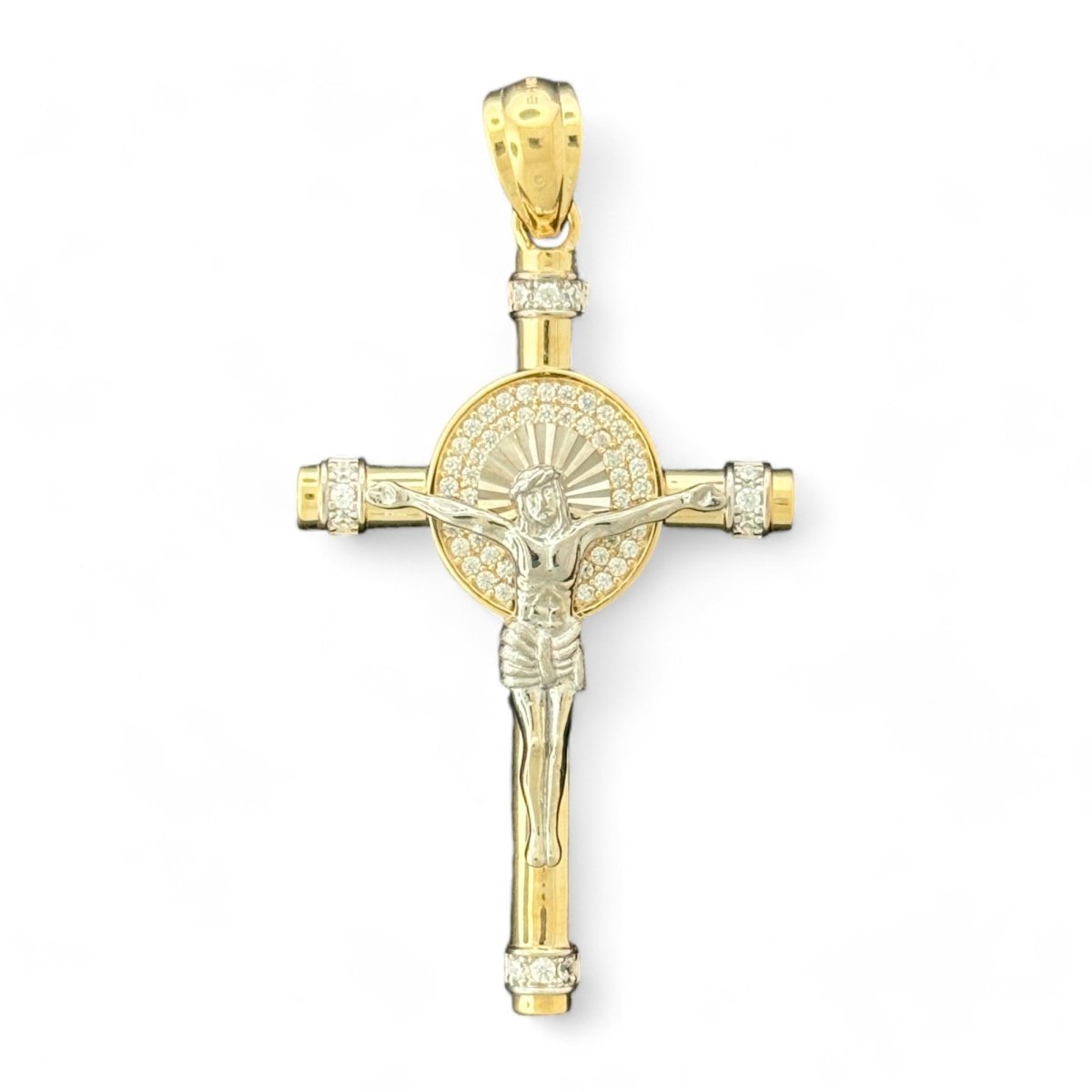 14KT Gold Round Crucifix Cross Pendant with CZ Stones - 7g