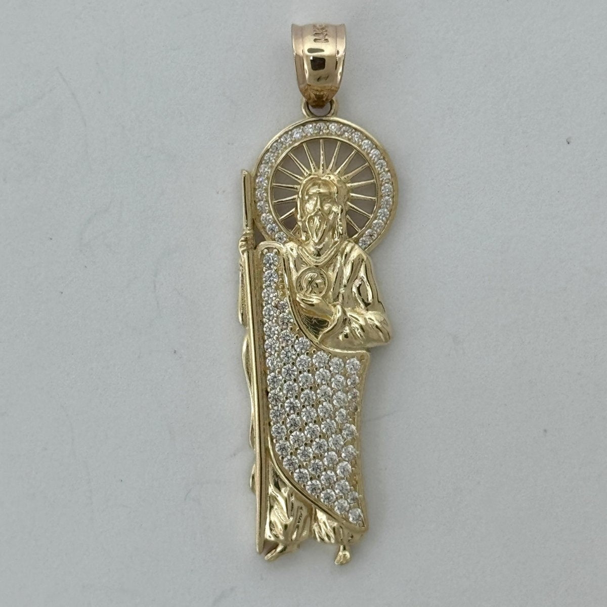14KT Gold Saint Jude Pendant with CZ stones - 3mm Bail, 6.88 Grams, 2 Inches.