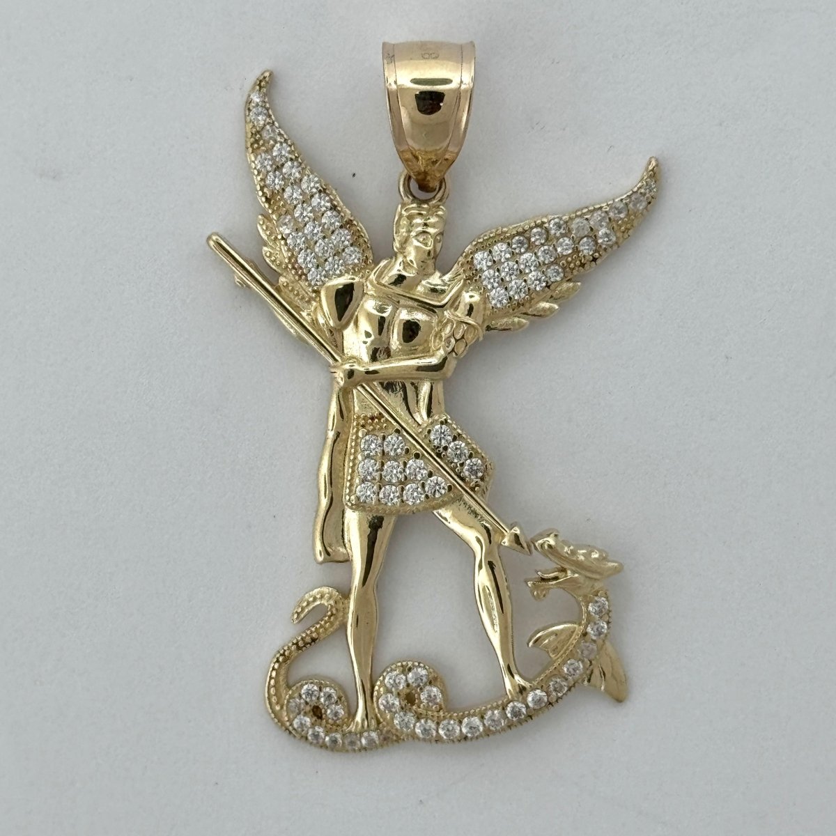 14KT Gold Saint Michael Pendant with CZ Stones - 4mm Bail, 7.69 Grams, 2 Inches.