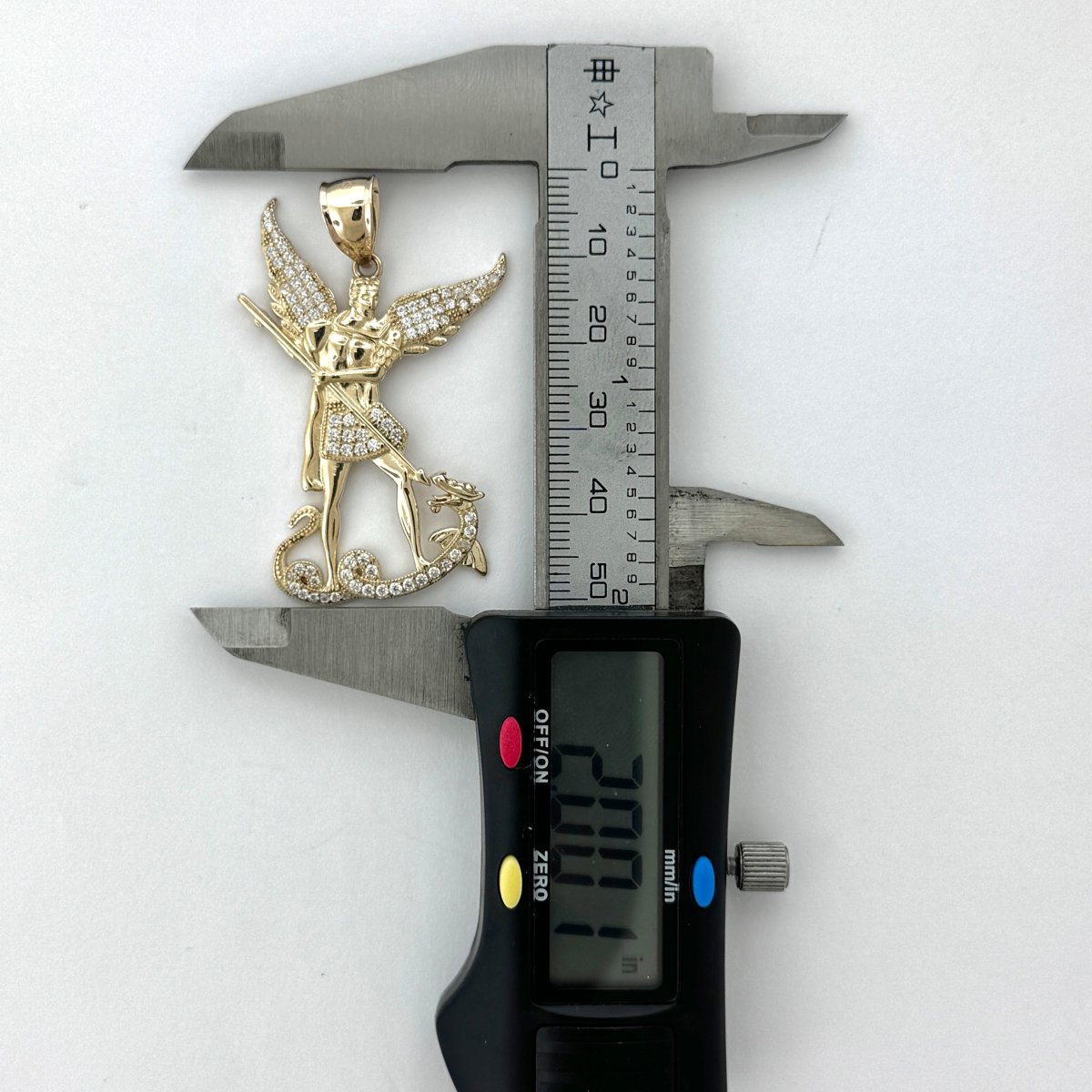 14KT Gold Saint Michael Pendant with CZ Stones - 4mm Bail, 7.69 Grams, 2 Inches.