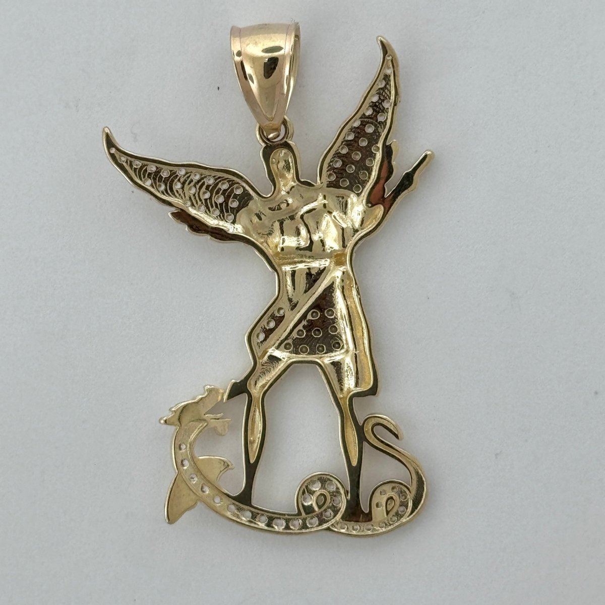 14KT Gold Saint Michael Pendant with CZ Stones - 4mm Bail, 7.69 Grams, 2 Inches.