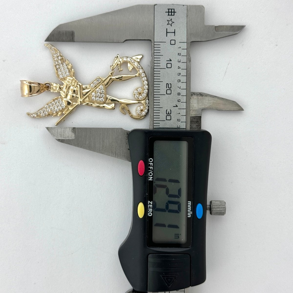 14KT Gold Saint Michael Pendant with CZ Stones - 4mm Bail, 7.69 Grams, 2 Inches.