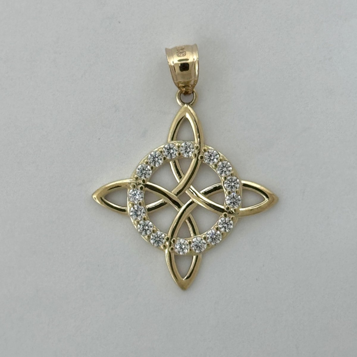 14KT Gold Witches Knot Pendant CZ stones - 3mm Bail, 3.68 Grams, 1.53 Inches.