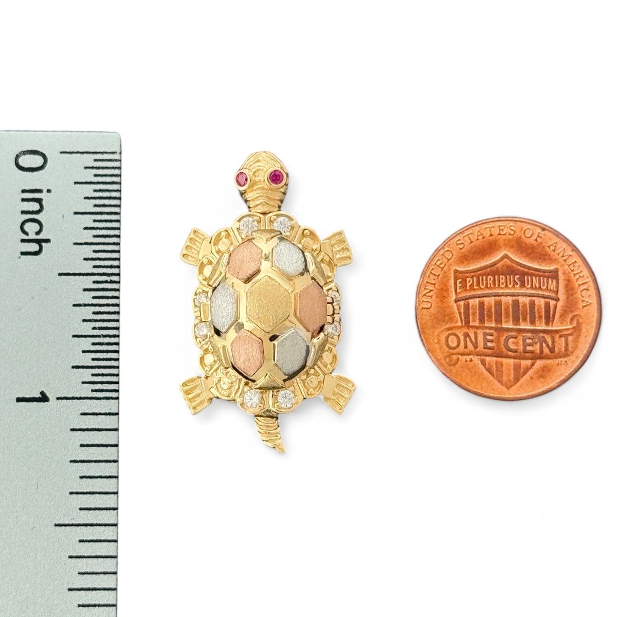 14KT Tri - Color Gold 3D Turtle Pendant with CZ Accents