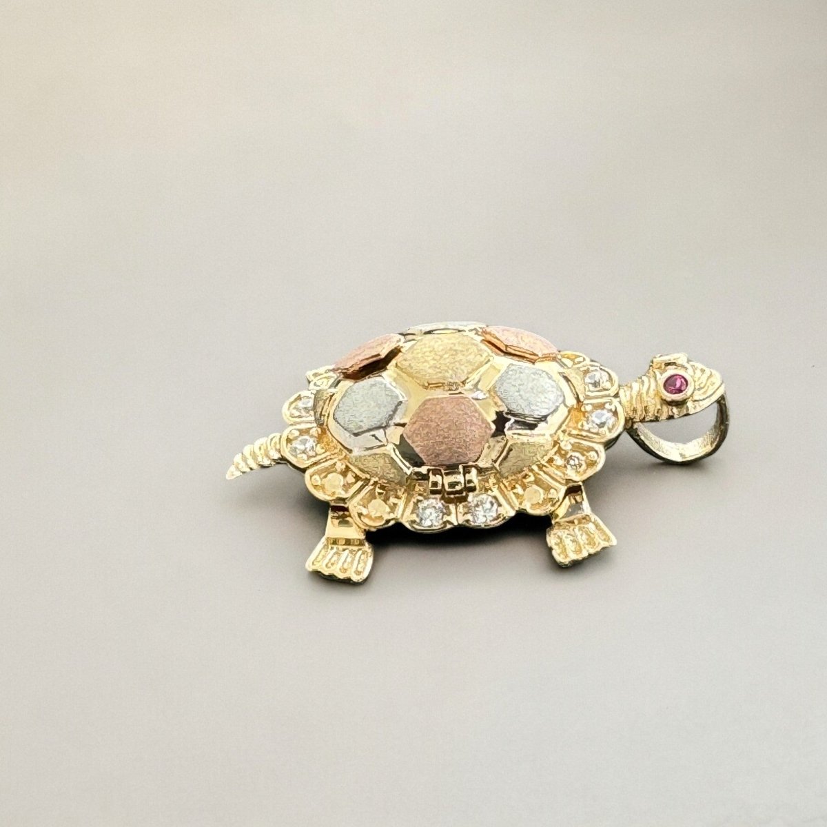 14KT Tri - Color Gold 3D Turtle Pendant with CZ Accents