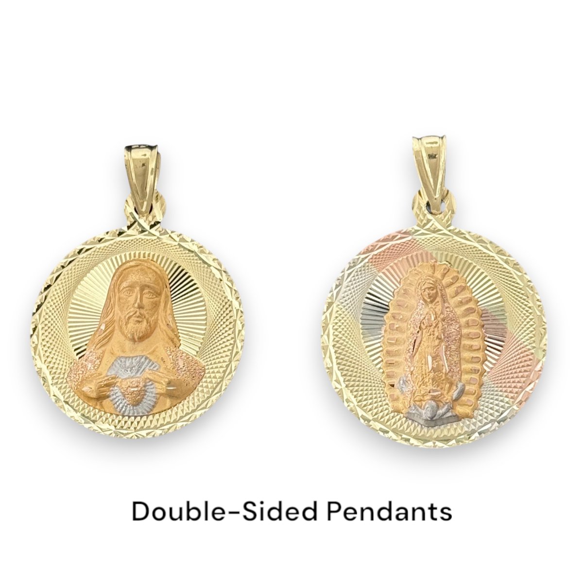 14KT Tri - Color Gold Double - Sided Jesus and Virgin Mary Round Pendant