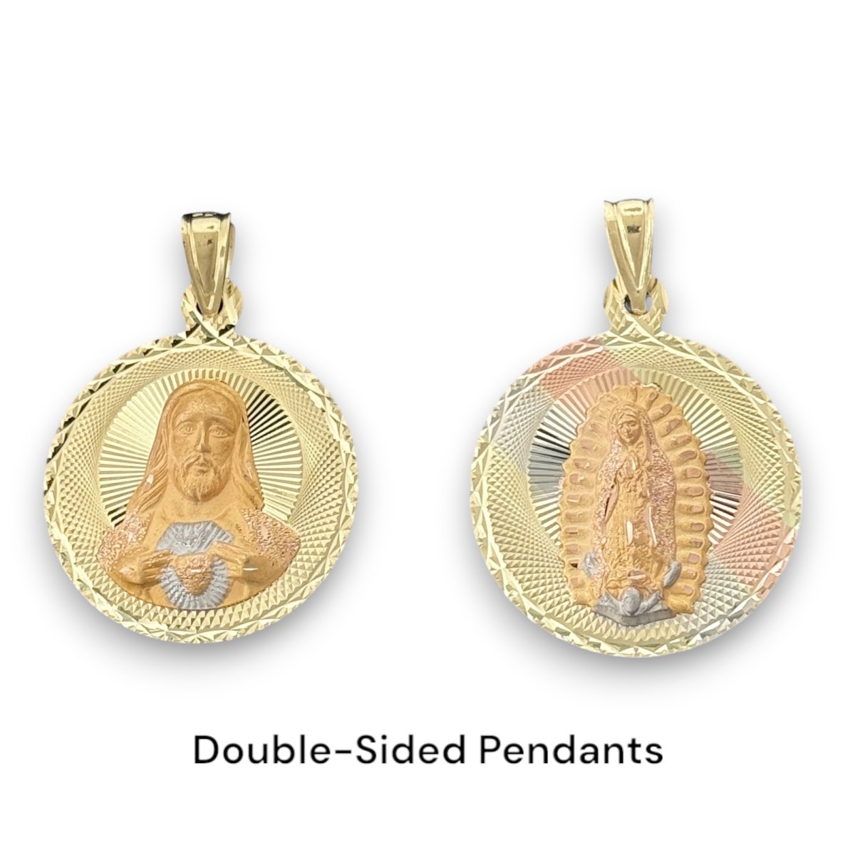 14KT Tri - Color Gold Double - Sided Jesus and Virgin Mary Round Pendant