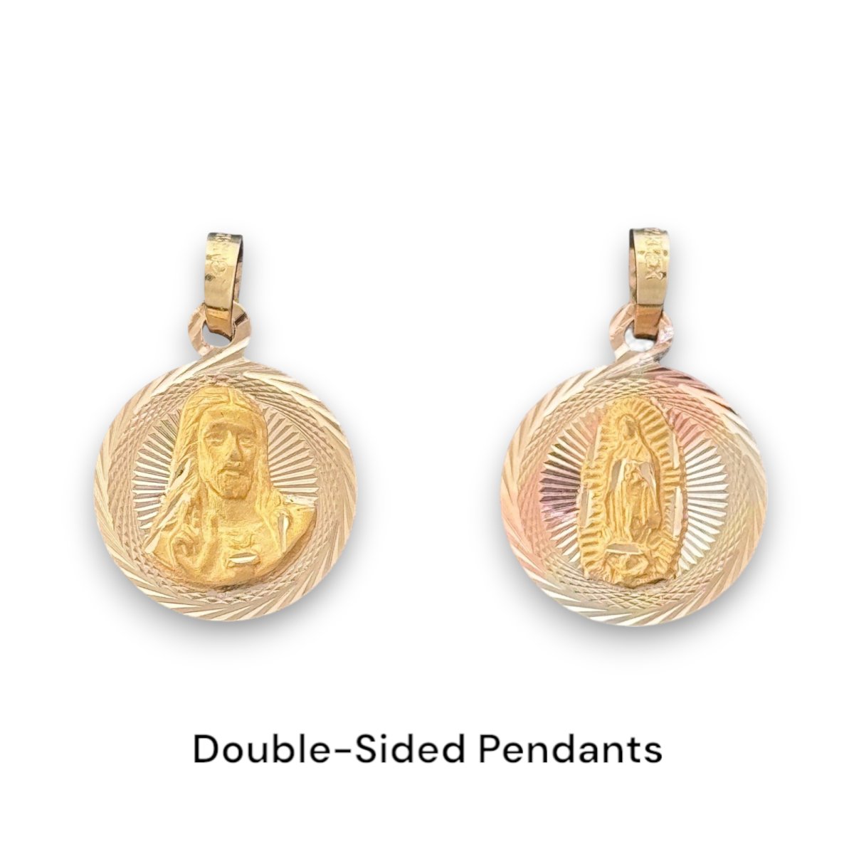 14KT Tri - Color Gold Double - Sided Jesus and Virgin Mary Round Pendant