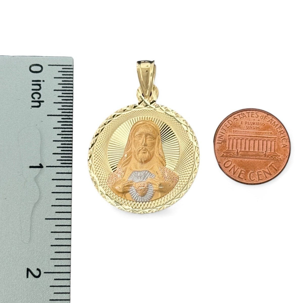 14KT Tri - Color Gold Double - Sided Jesus and Virgin Mary Round Pendant