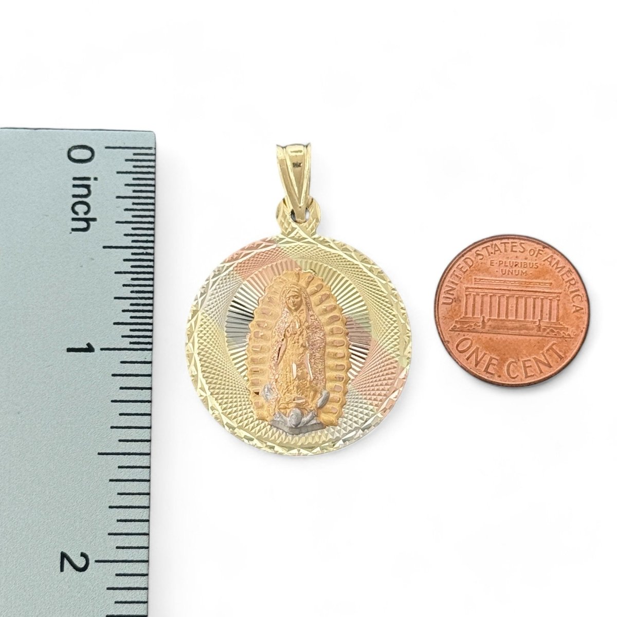 14KT Tri - Color Gold Double - Sided Jesus and Virgin Mary Round Pendant