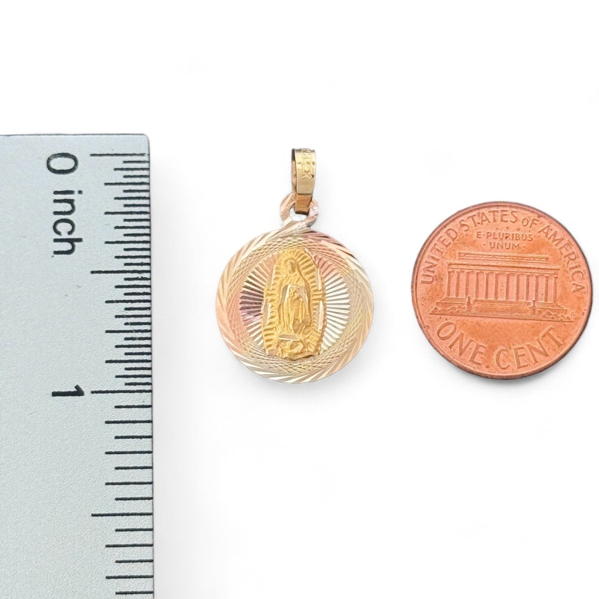 14KT Tri - Color Gold Double - Sided Jesus and Virgin Mary Round Pendant