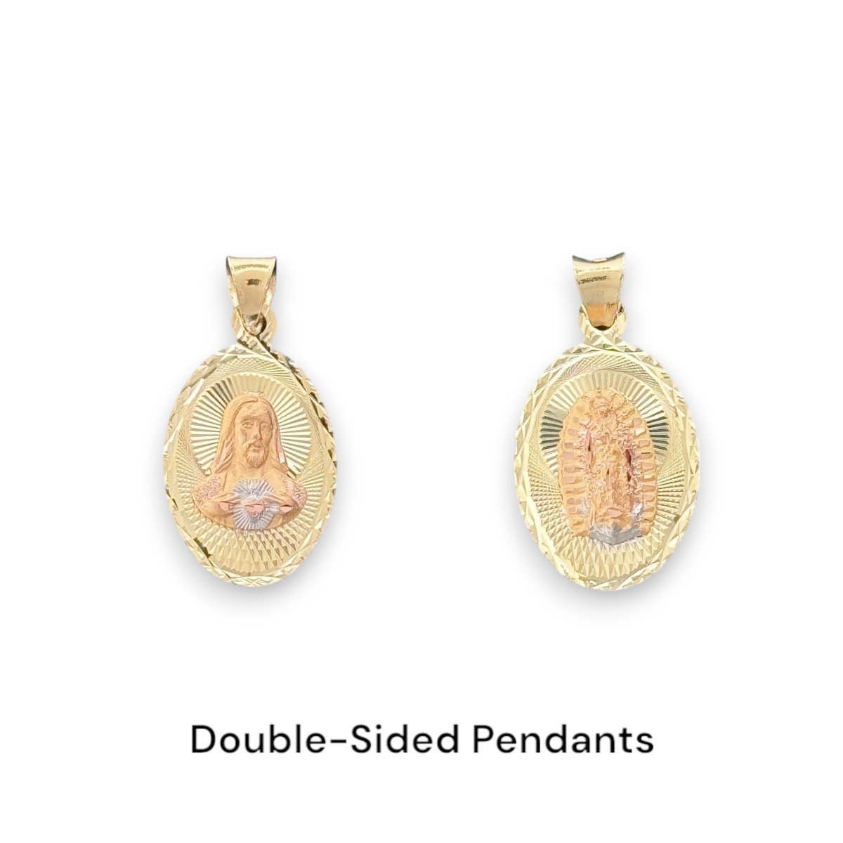 14KT Tri - Color Gold Double - Sided Sacred Heart and Virgin Mary Oval Pendant