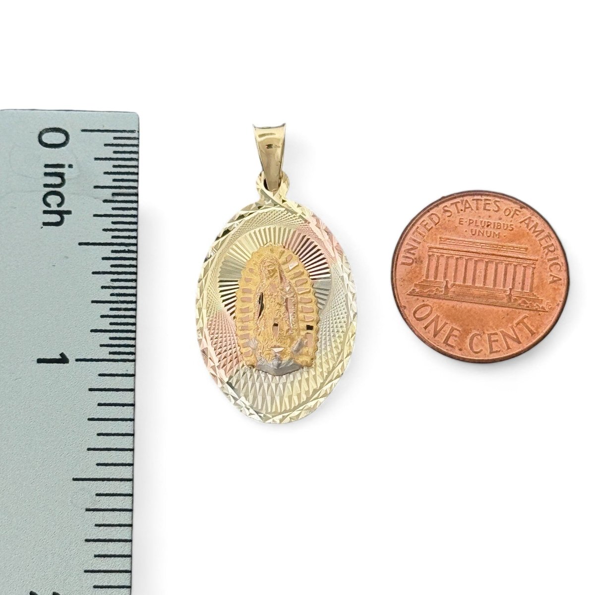 14KT Tri - Color Gold Double - Sided Sacred Heart and Virgin Mary Oval Pendant