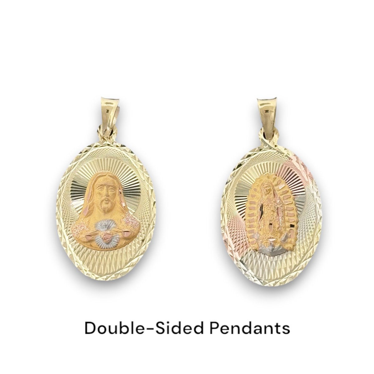 14KT Tri - Color Gold Double - Sided Sacred Heart and Virgin Mary Oval Pendant