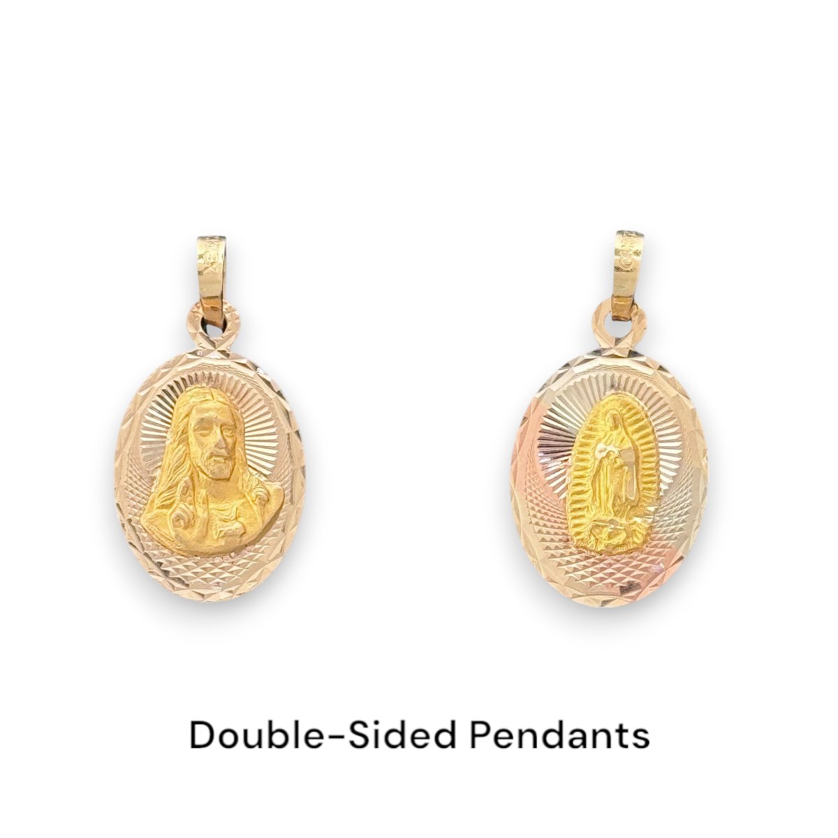 14KT Tri - Color Gold Double - Sided Sacred Heart and Virgin Mary Oval Pendant