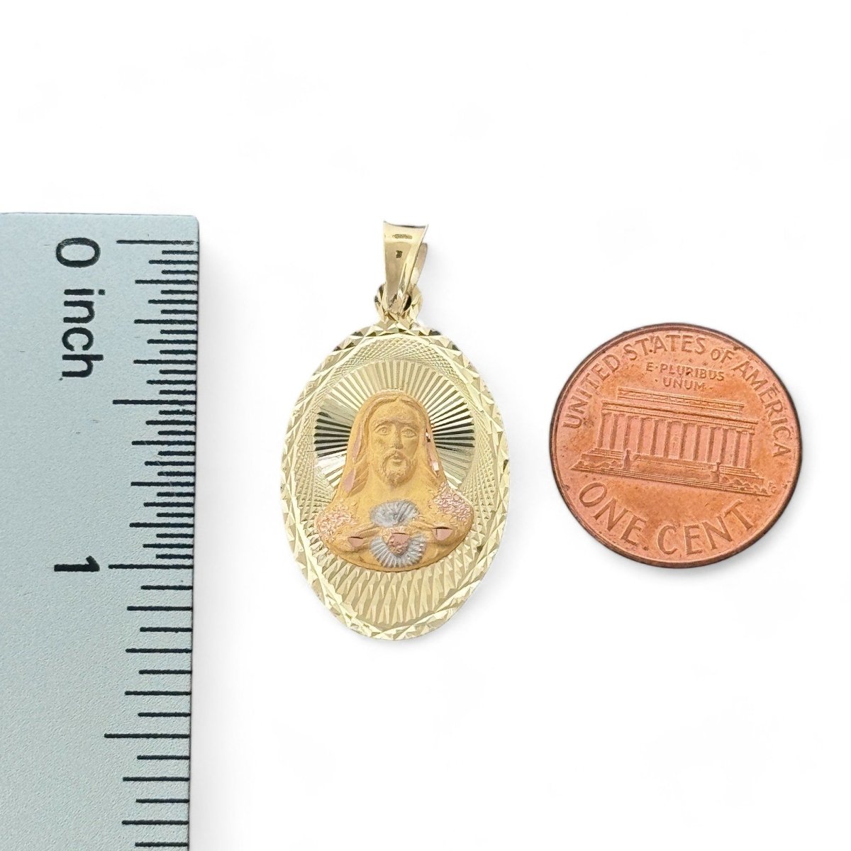 14KT Tri - Color Gold Double - Sided Sacred Heart and Virgin Mary Oval Pendant