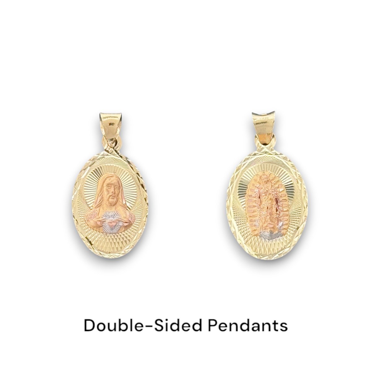 14KT Tri - Color Gold Double - Sided Sacred Heart and Virgin Mary Oval Pendant