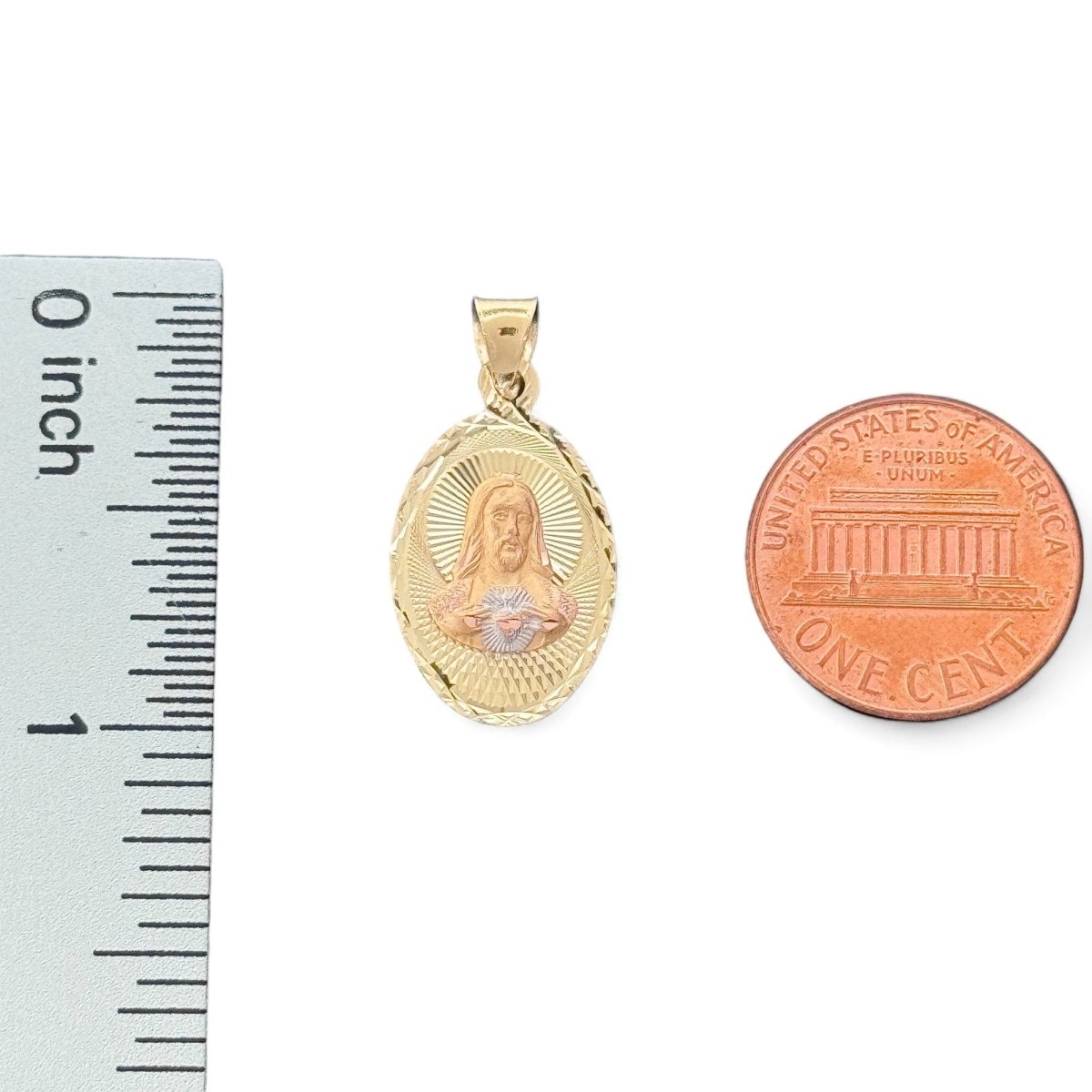 14KT Tri - Color Gold Double - Sided Sacred Heart and Virgin Mary Oval Pendant