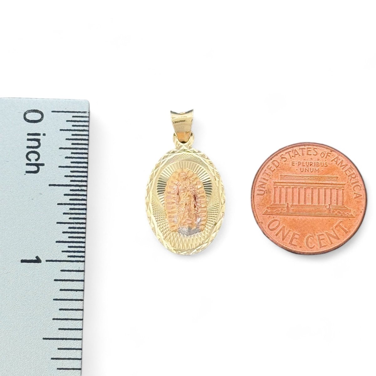 14KT Tri - Color Gold Double - Sided Sacred Heart and Virgin Mary Oval Pendant