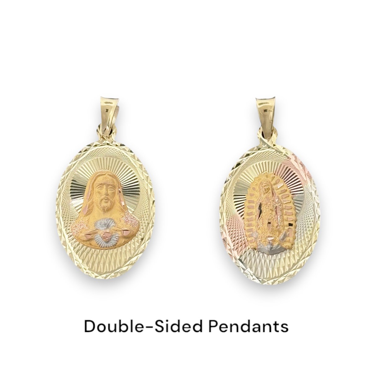 14KT Tri - Color Gold Double - Sided Sacred Heart and Virgin Mary Oval Pendant