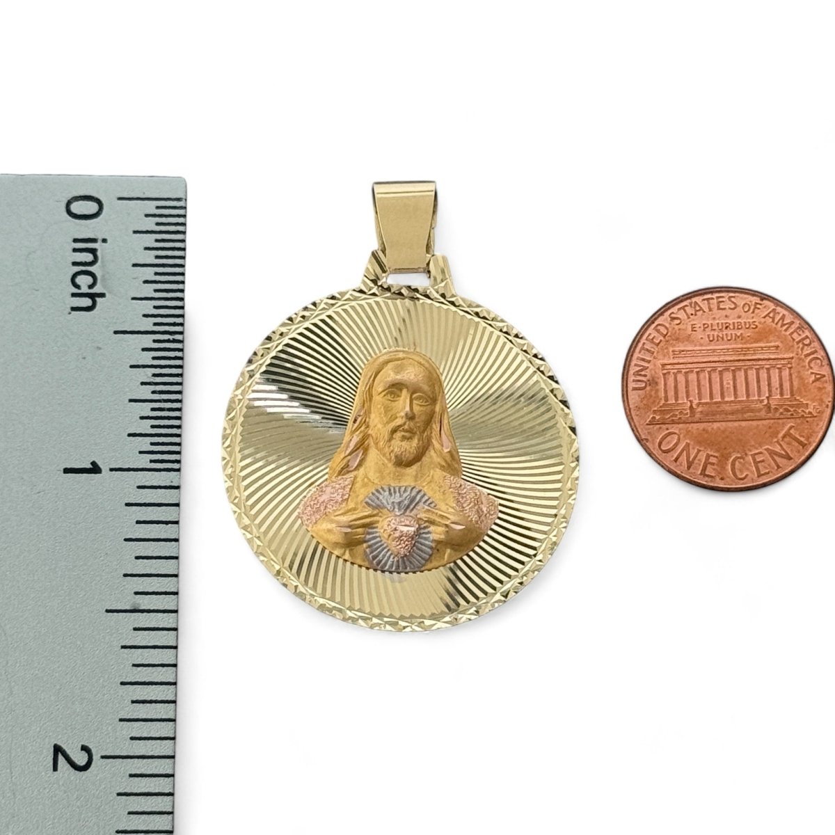 14KT Tri - Color Gold Double - Sided Sacred Heart and Virgin Mary Round Pendant