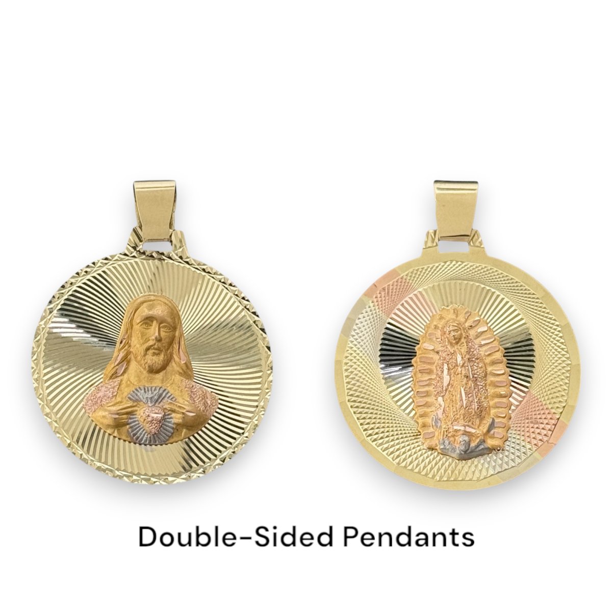 14KT Tri - Color Gold Double - Sided Sacred Heart and Virgin Mary Round Pendant