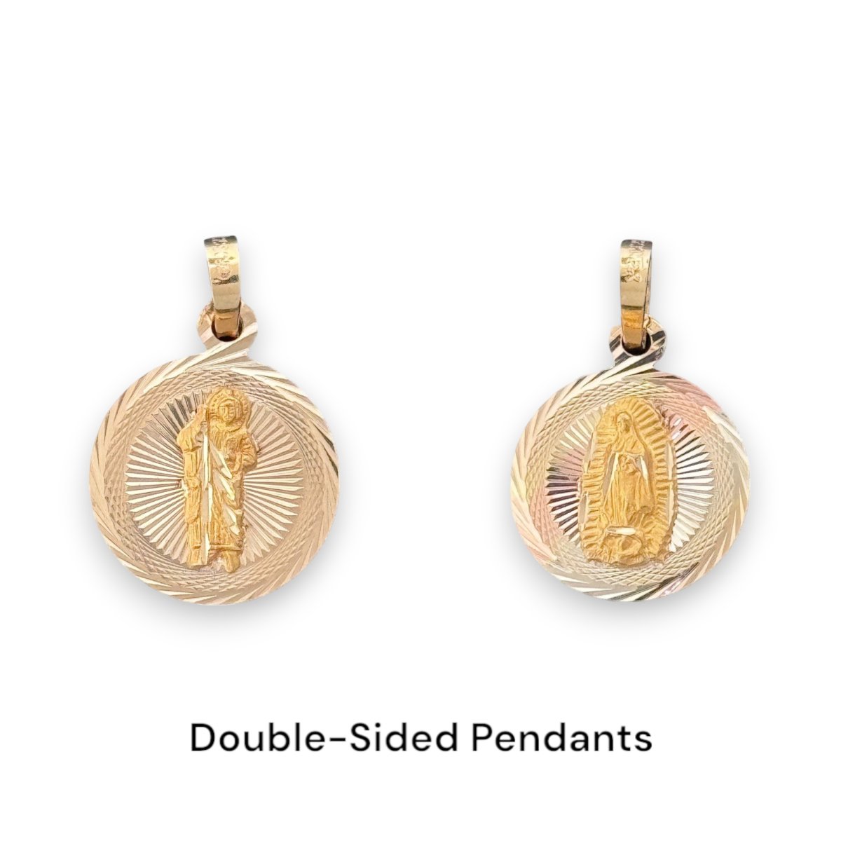 14KT Tri - Color Gold Double - Sided Saint and Virgin Mary Round Pendant