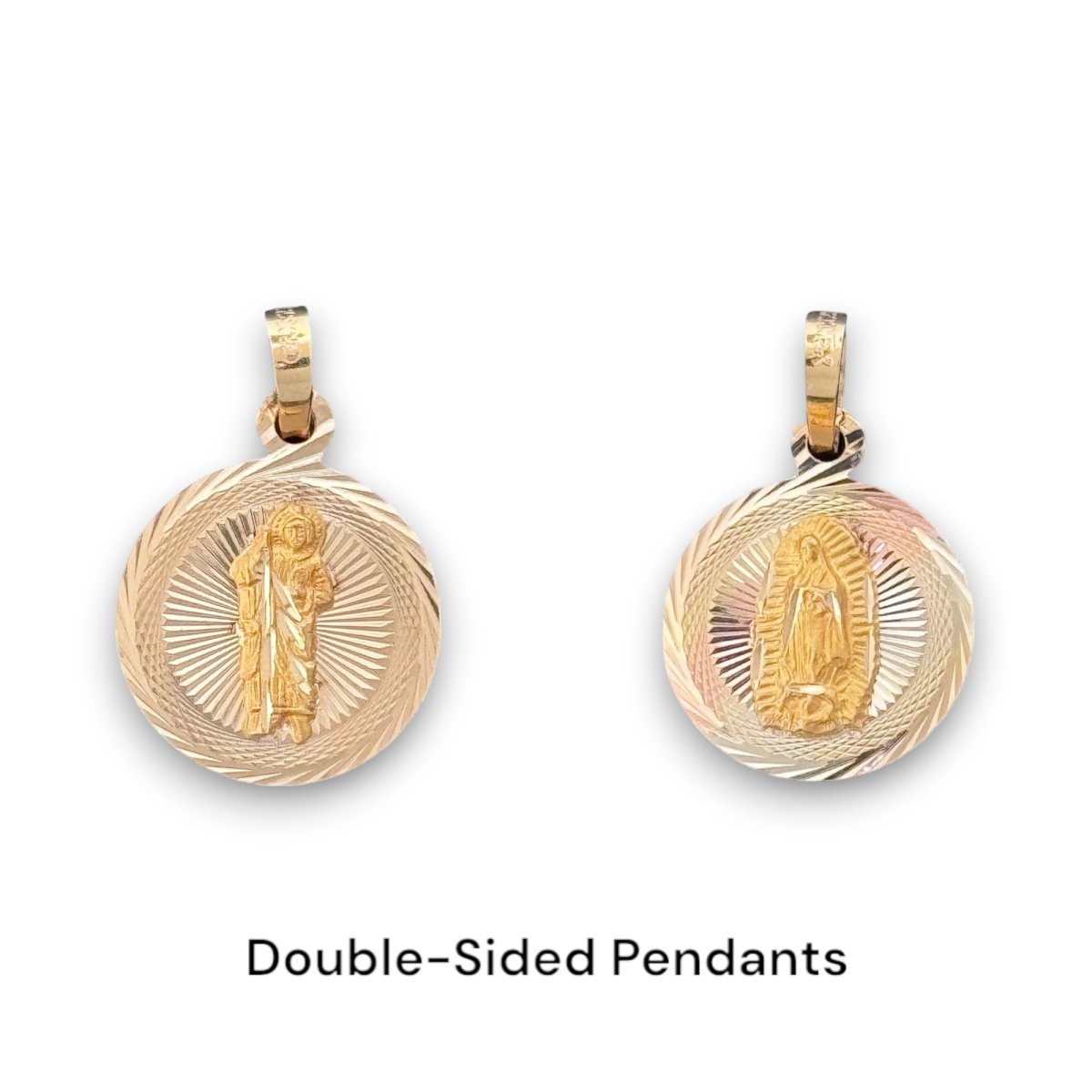 14KT Tri - Color Gold Double - Sided Saint and Virgin Mary Round Pendant