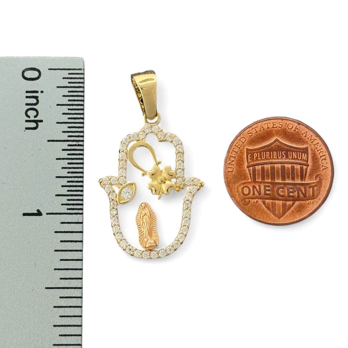 14KT Tri - Color Gold Lucky Hand Pendant with CZ Accents