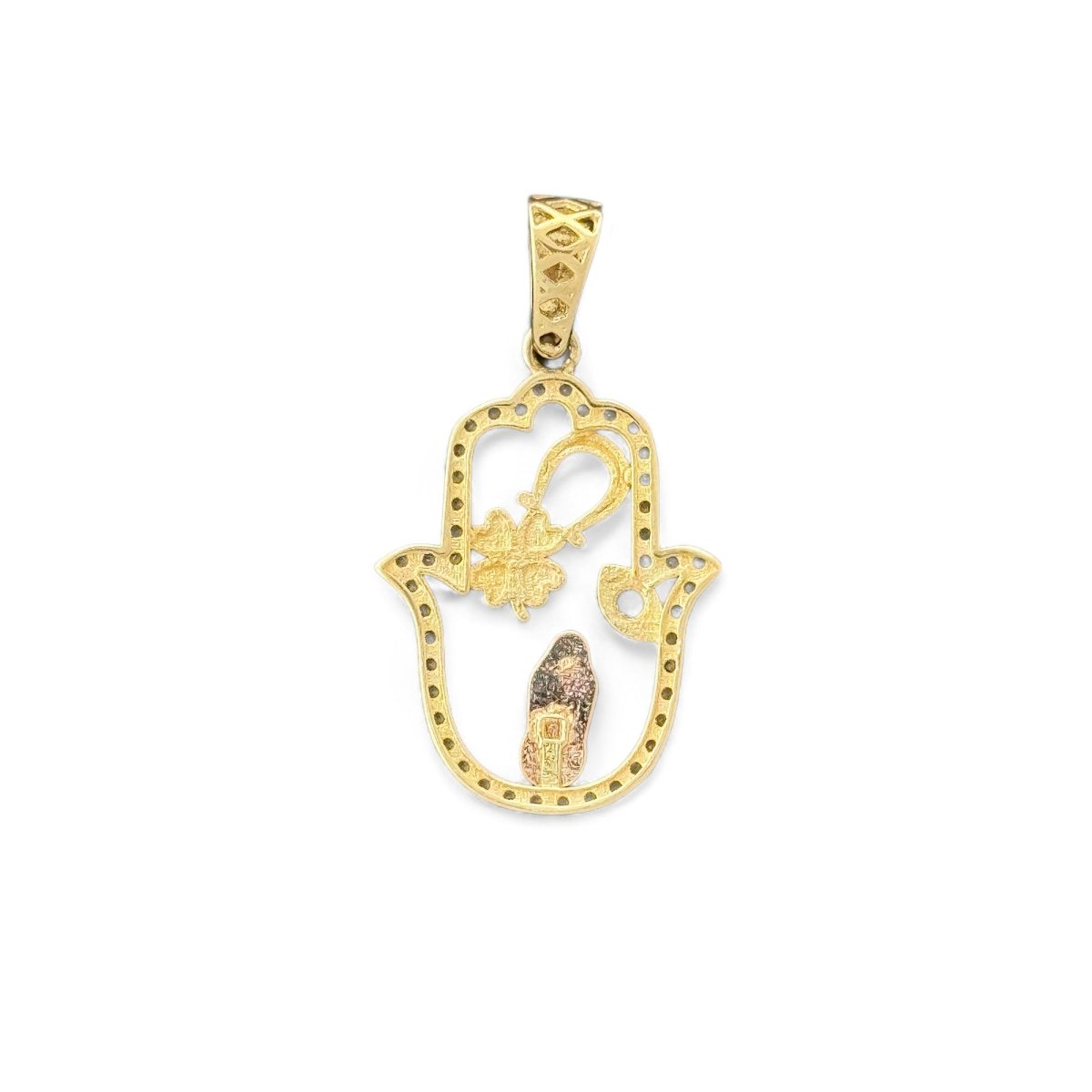 14KT Tri - Color Gold Lucky Hand Pendant with CZ Accents