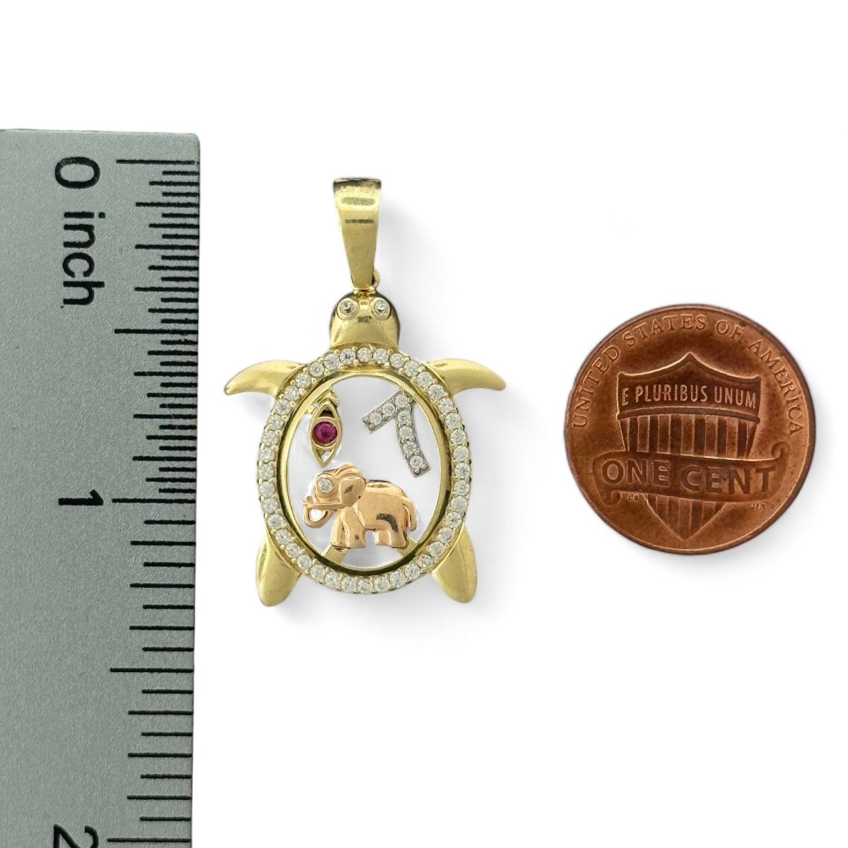 14KT Tri - Color Gold Lucky Turtle Pendant with CZ Accents