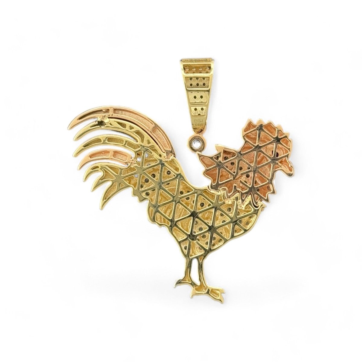 14KT Tri - Color Gold Rooster Pendant with Ruby Eye