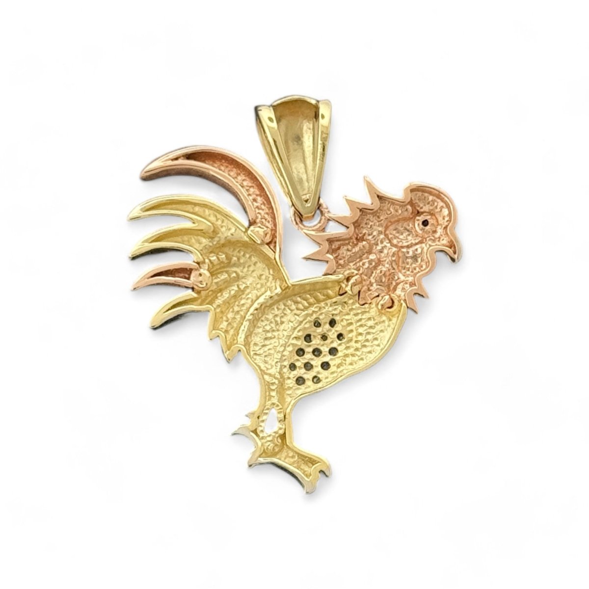 14KT Tri - Color Gold Rooster Pendant with Ruby Eye