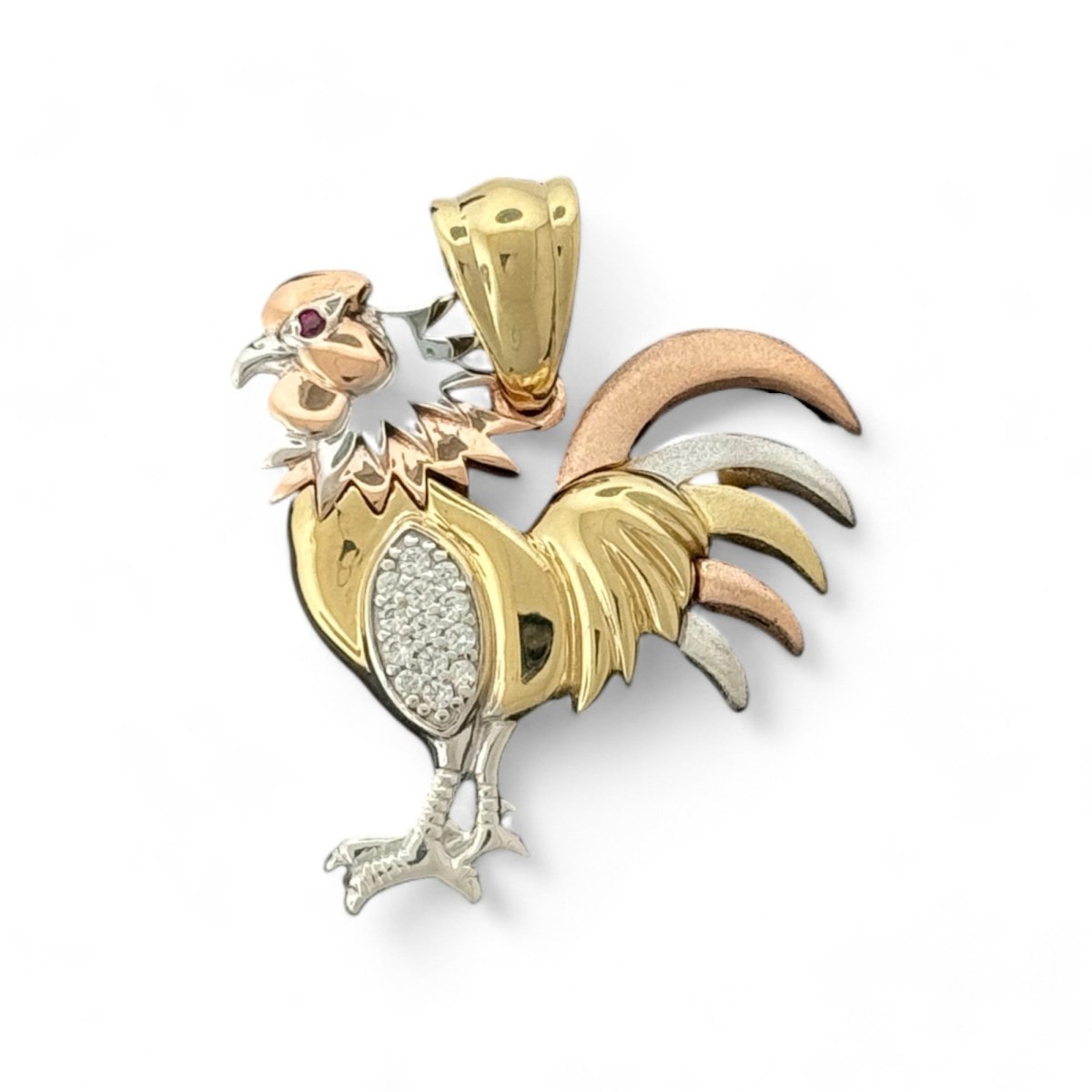 14KT Tri - Color Gold Rooster Pendant with Ruby Eye