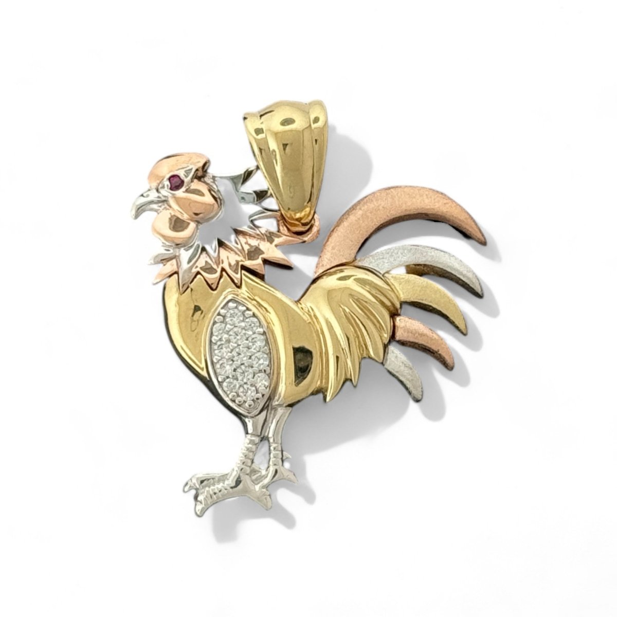 14KT Tri - Color Gold Rooster Pendant with Ruby Eye