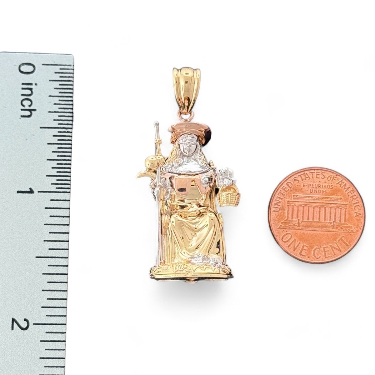 14KT Tri - Color Gold Saint Lucy Pendant with Basket and Staff