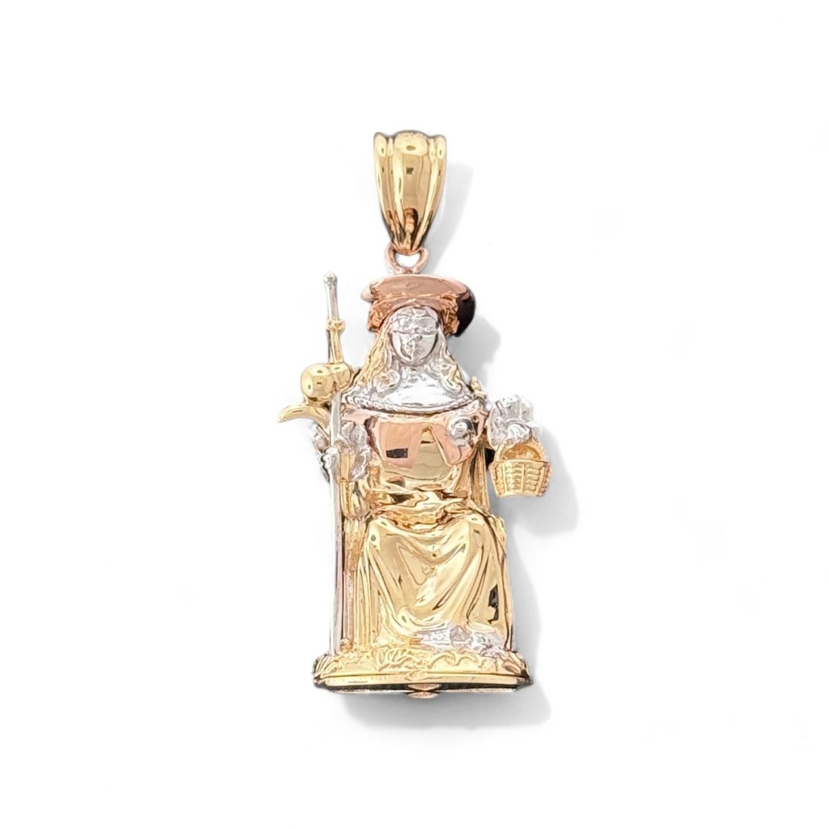 14KT Tri - Color Gold Saint Lucy Pendant with Basket and Staff