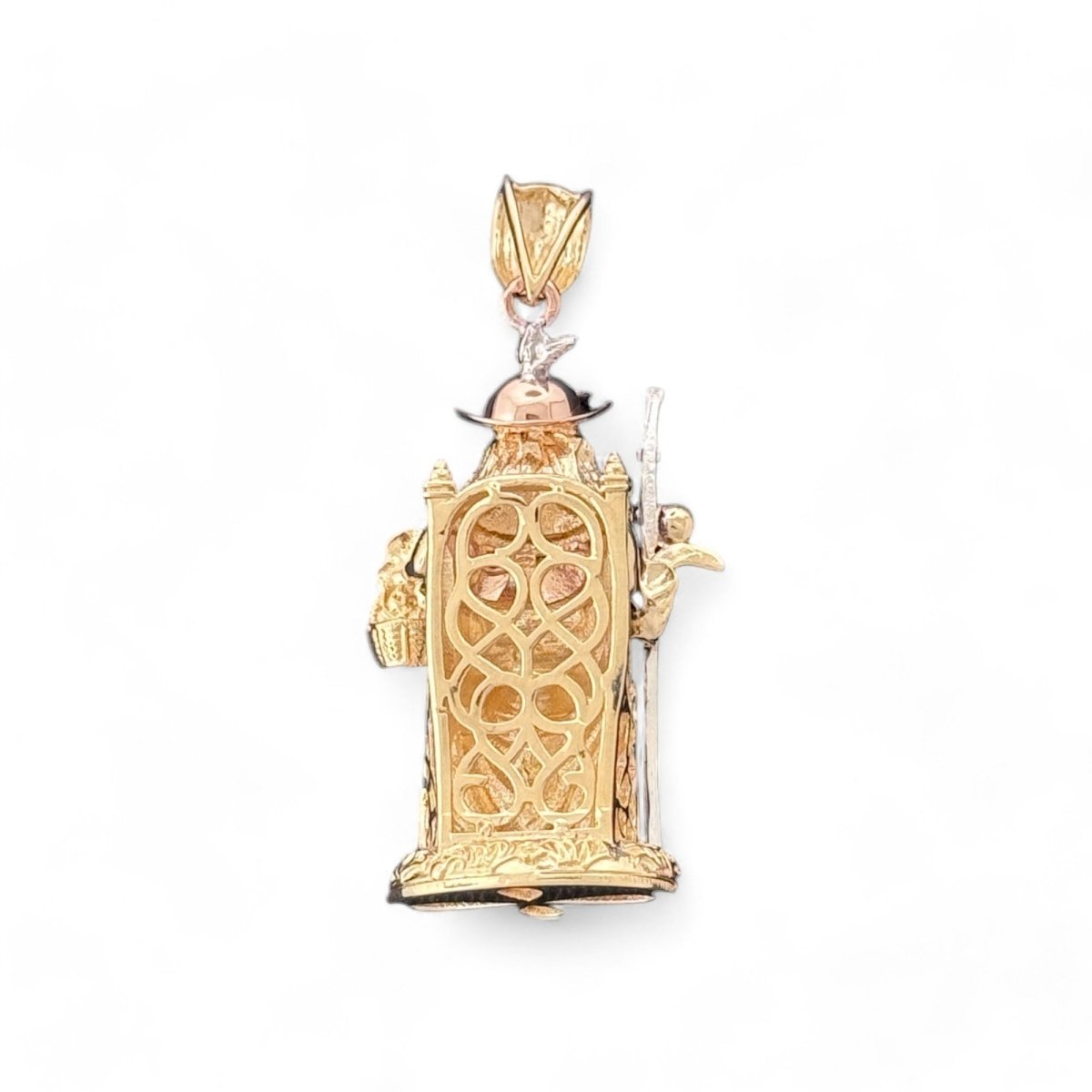 14KT Tri - Color Gold Saint Lucy Pendant with Basket and Staff