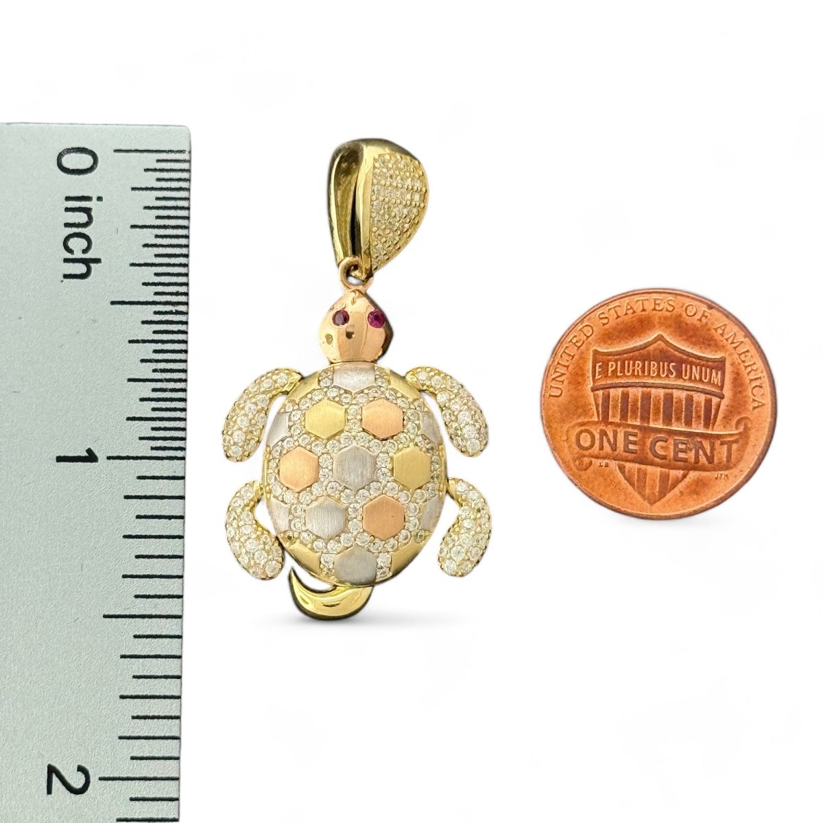 14KT Tri - Color Gold Turtle Pendant with CZ Accents
