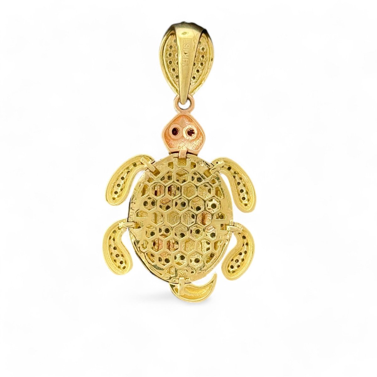 14KT Tri - Color Gold Turtle Pendant with CZ Accents