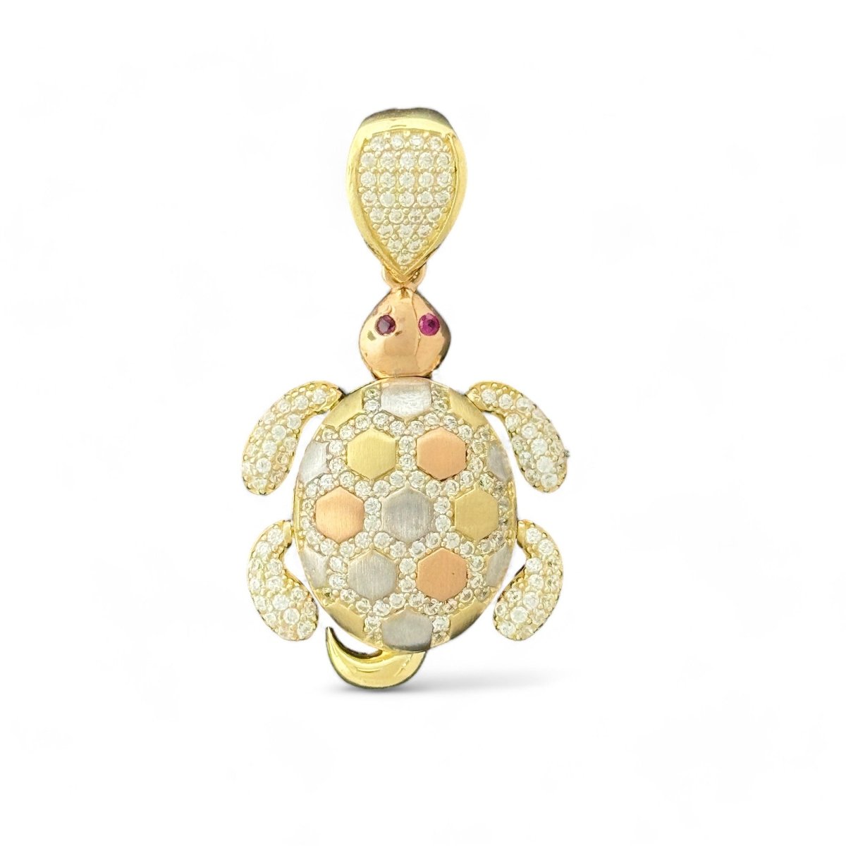 14KT Tri - Color Gold Turtle Pendant with CZ Accents