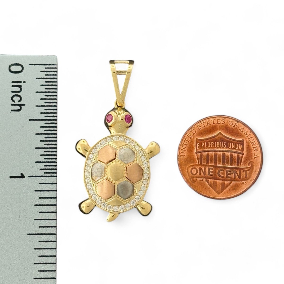 14KT Tri - Color Gold Turtle Pendant with CZ Accents