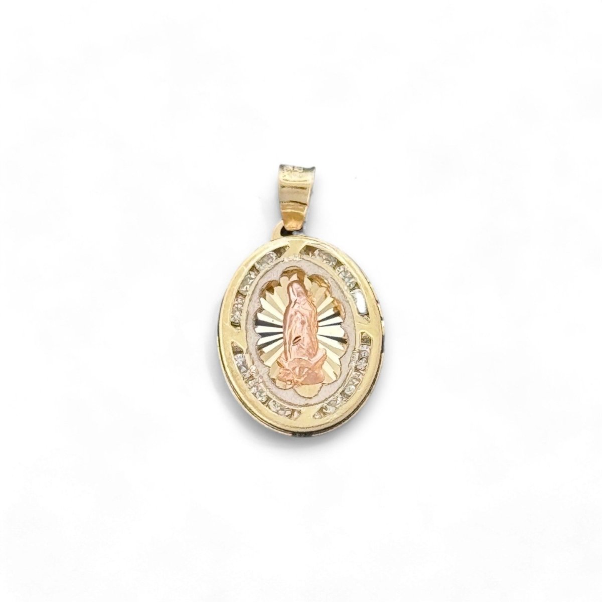 14KT Tri - Color Gold Virgin Mary Oval Pendant with CZ Accents