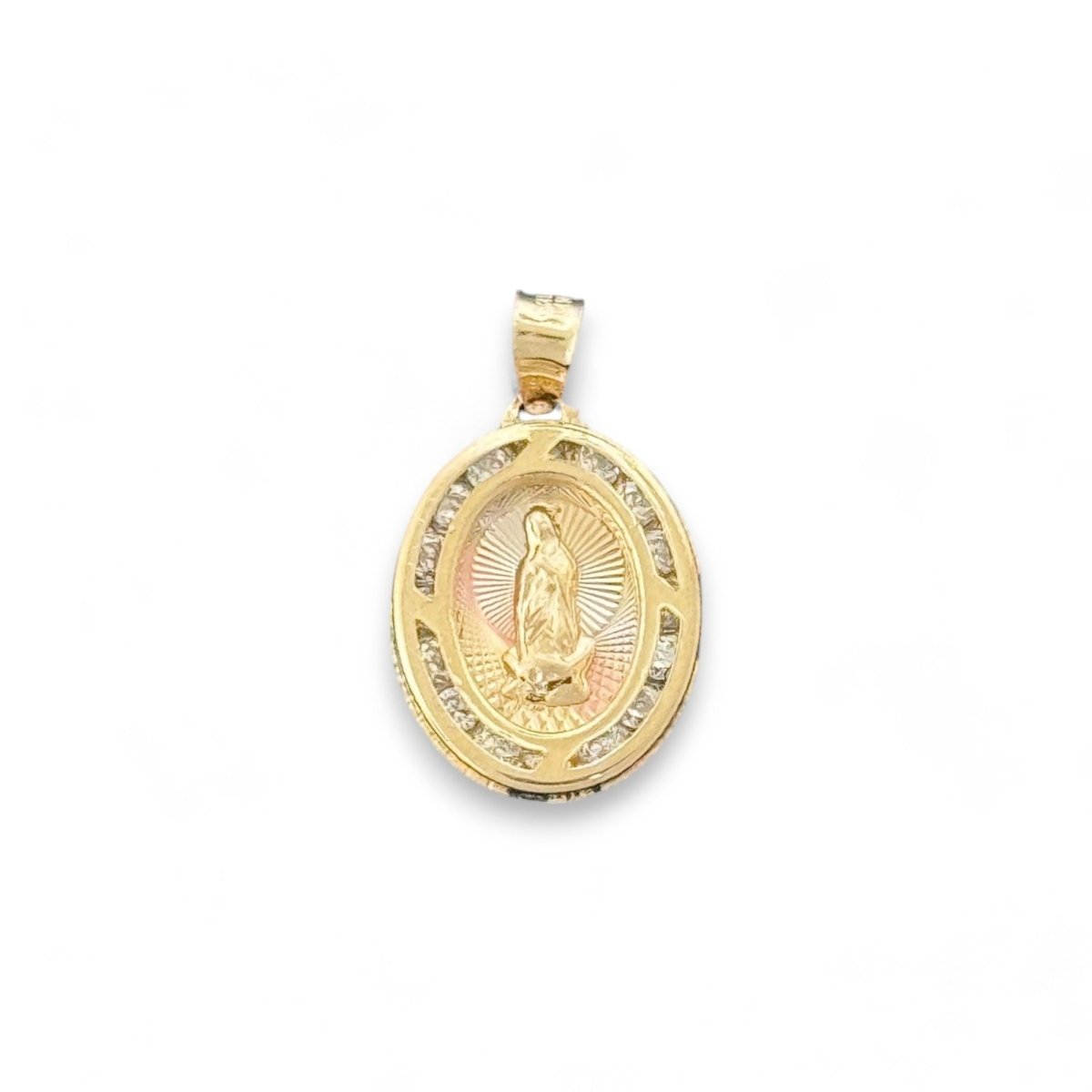 14KT Tri - Color Gold Virgin Mary Oval Pendant with CZ Accents