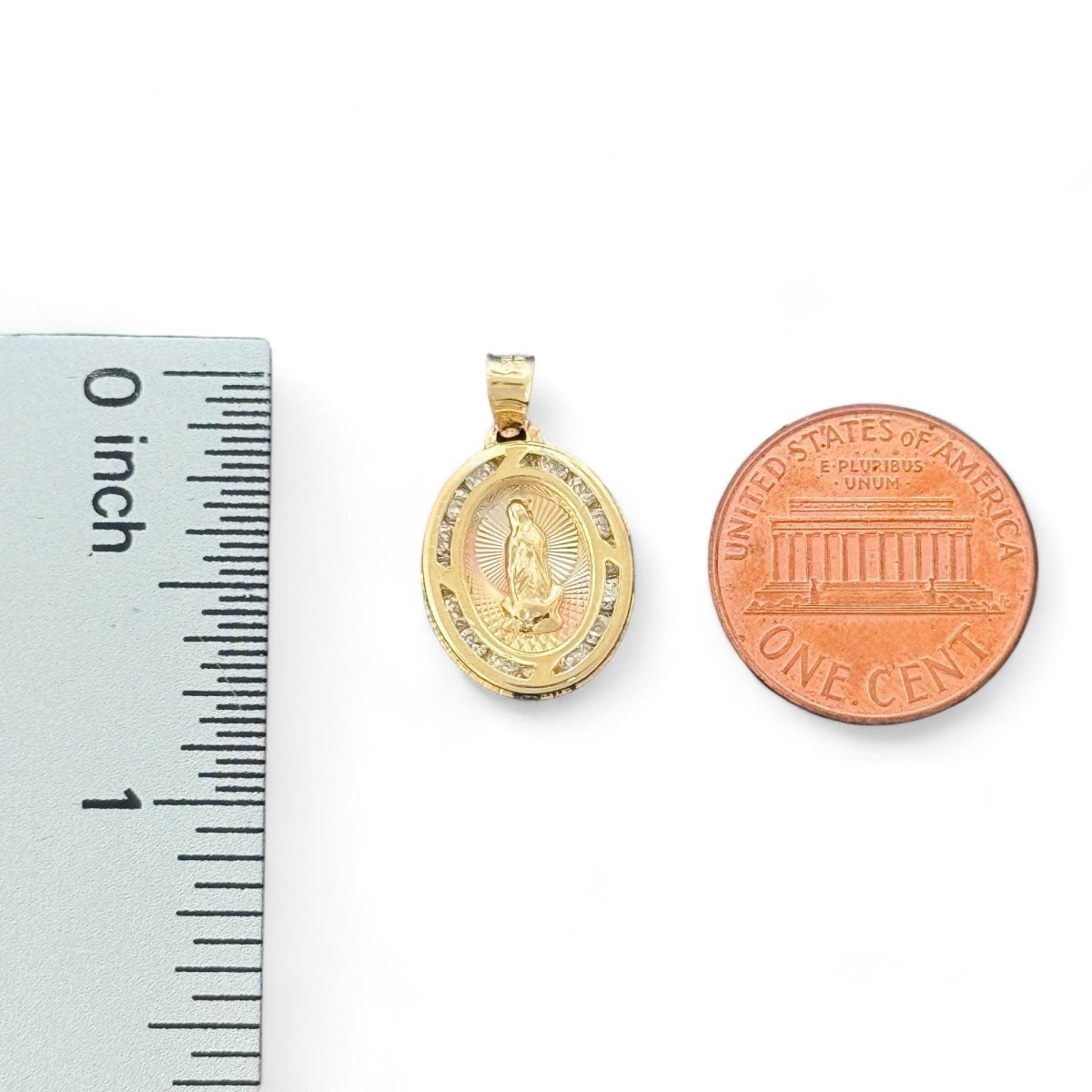 14KT Tri - Color Gold Virgin Mary Oval Pendant with CZ Accents