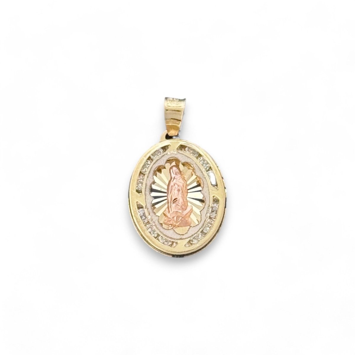 14KT Tri - Color Gold Virgin Mary Oval Pendant with CZ Accents